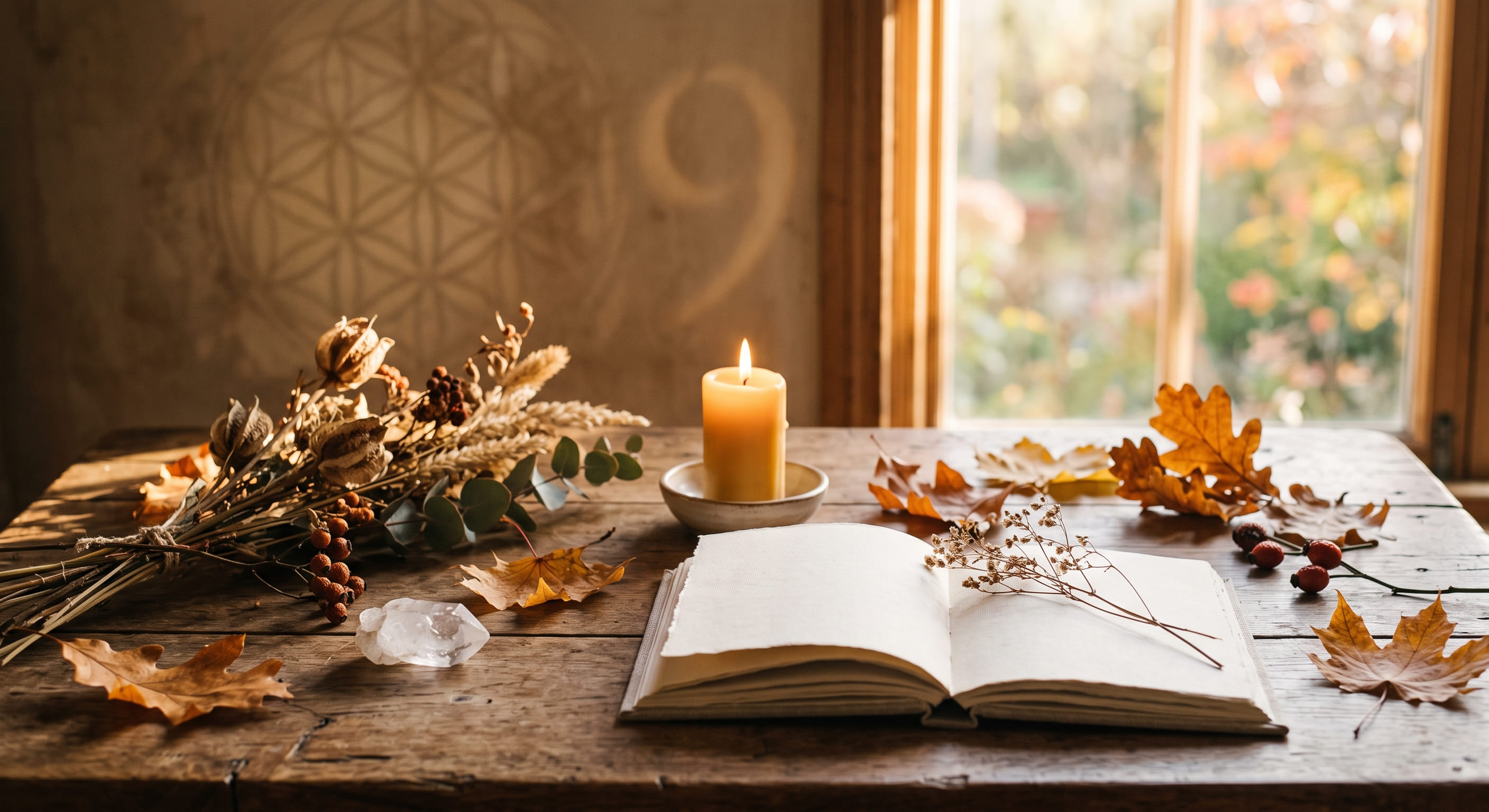 Peaceful September spiritual altar with a journal, candle, crystal and autumn leaves symbolizing numerology and letting go.